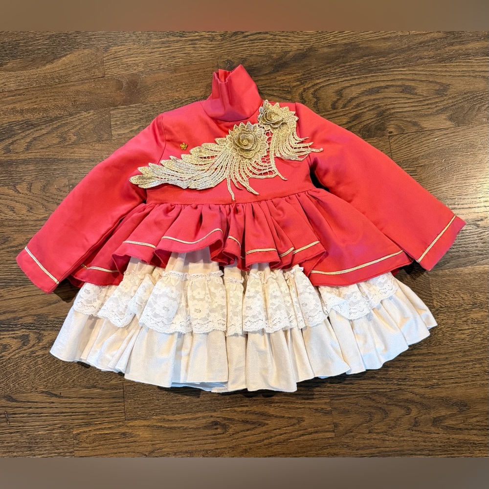 Meriche Alta Costura Couture Red Dress Gold Appliqué Lace Ruffle Skirt Size 3